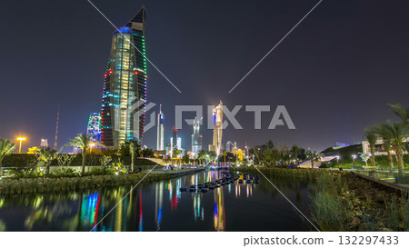 Music fountains in park with Kuwait City cityscape night timelapse hyperlapse Music fountains in park with Kuwait City cityscape night timelapse hyperlapse 132297433