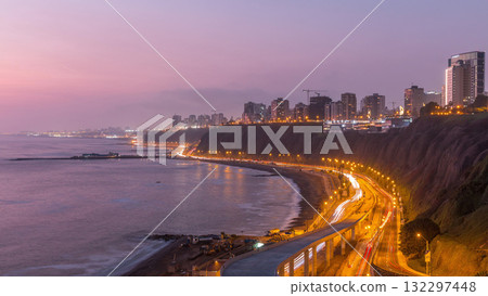 Aerial view of Lima's Coastline in the neighborhood of Miraflores day to night timelapse, Lima, Peru 132297448