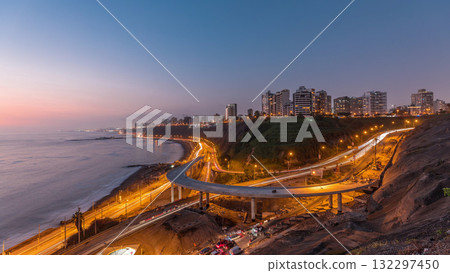 Aerial view of Lima's Coastline in the neighborhood of Miraflores day to night timelapse, Lima, Peru 132297450