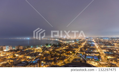 Panoramic skyline of Lima city from above with many buildings aerial night to day transition timelapse. Lima, Peru 132297475