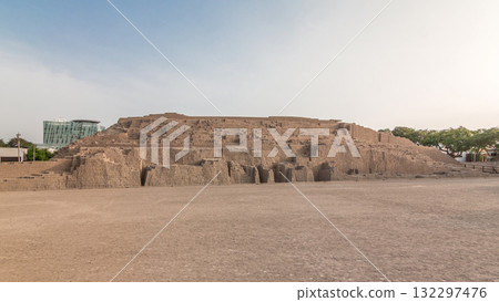 Pyramid of Huaca Pucllana timelapse hyperlapse, pre Inca culture ceremonial building ruins in Lima, Peru 132297476