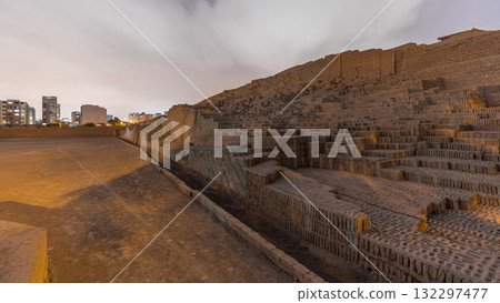Pyramid of Huaca Pucllana day to night timelapse, pre Inca culture ceremonial building ruins in Lima, Peru 132297477