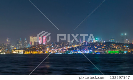 Night timelapse view of besiktas district in istanbul taken from asian part of the city. 132297547