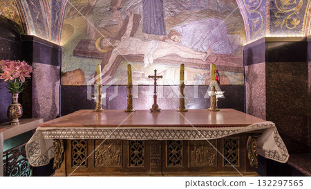 Cross and candles in the Church of the Holy Sepulcher timelapse hyperlapse. 132297565