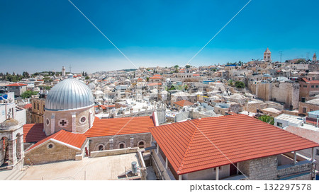 Skyline of the Old City in Jerusalem with historic buildings aerial timelapse, Israel. 132297578