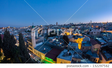 Skyline of the Old City in Jerusalem with historic buildings aerial timelapse, Israel. 132297582
