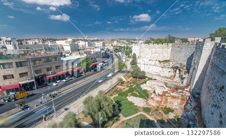 Aerial view from Damascus Gate or Shechem Gate timelapse, one of the gates to the Old City of Jerusalem, Israel Aerial view from Damascus Gate or Shechem Gate timelapse, one of the gates to the Old City of Jerusalem, Israel 132297586