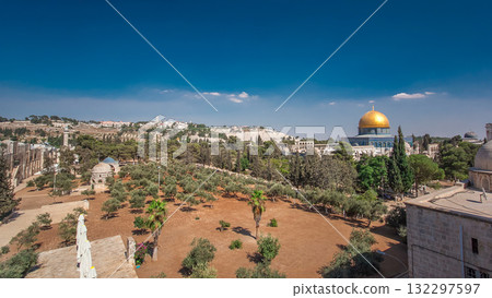 Garden area timelapse hyperlapse and view of the Dome of the Rock, in the historical center of the city 132297597