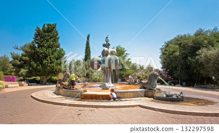 The Lions Fountain timelapse hyperlapse located in a park in the Yemin Moshe. JERUSALEM, ISRAEL 132297598