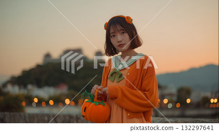 A woman in a costume wearing an orange cardigan and a pumpkin bag outdoors on an autumn evening 132297641