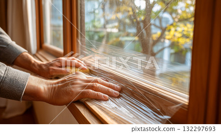 秋日午後，一位老人在室內窗貼透明薄膜 132297693