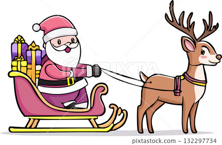 Santa Claus delivering presents in a sleigh pulled by reindeer (vector) 132297734