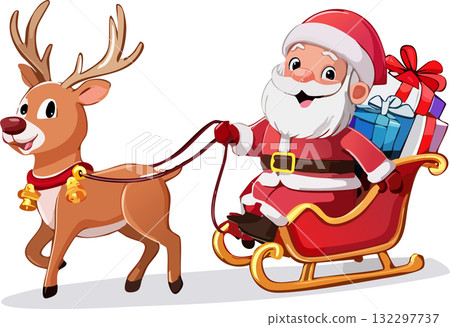 Santa Claus delivering presents in a sleigh pulled by reindeer (vector) 132297737