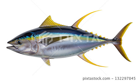 Yellowfin tuna, known for its striking yellow and blue hues, is isolated against a transparent background. This species represents strength and beauty in marine life. 132297845