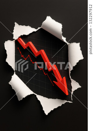 Plunging stock market graph shows financial failure through torn paper effect. red arrow illustrates economic crisis and distress, presenting urgent news on black background 132297912