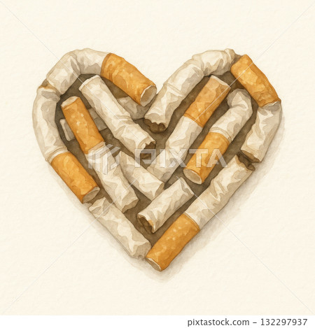 Watercolor illustration depicting heart shape. Crumpled cigarette ends form symbol of smoking addiction, highlighting health danger. An impactful warning promotes awareness, encouraging tobacco Watercolor illustration depicting heart shape. Crumpled cigarette ends form symbol of smoking addiction, highlighting health danger. An impactful warning promotes awareness, encouraging tobacco 132297937