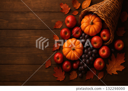 Warm and cozy autumn harvest composition with cornucopia filled with pumpkin, apple, grape and leaf on wooden table. Bountiful Thanksgiving and fall season background 132298000