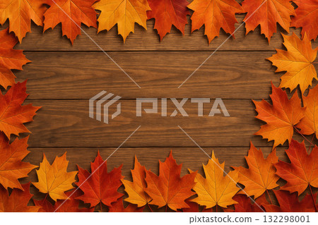 Warm seasonal frame of colorful autumn leaves creating border on rustic wooden plank background. fall harvest and Thanksgiving theme from top view with copy space Warm seasonal frame of colorful autumn leaves creating border on rustic wooden plank background. fall harvest and Thanksgiving theme from top view with copy space 132298001