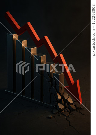 Breaking financial graph with red arrow plunging downward depicts economic turmoil. This conceptual visualization represents global stock meltdown with dark, crumbling metallic chart 132298008
