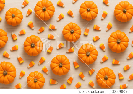 Festive Halloween flat lay composition with small pumpkins and candy corns on light wooden background. cheerful seasonal decoration pattern seen from top view 132298051
