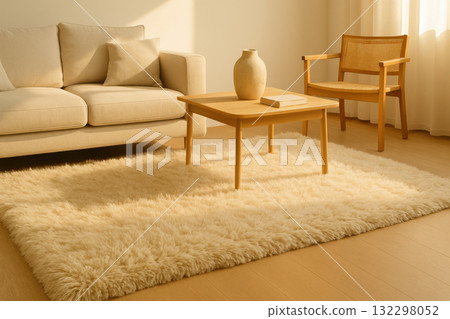 Cozy modern living room with fluffy beige rug in sunlight. serene interior with soft texture, warm tones, and minimal Scandinavian design aesthetic creating peaceful home 132298052