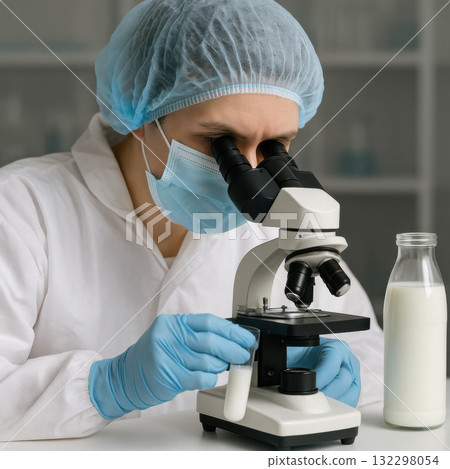 Focused food technician in lab testing milk sample with microscope for quality control. Microbiological safety examination and hygiene for contamination prevention 132298054
