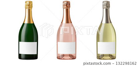 Three assorted champagne bottles on white, AI, PNG Three assorted champagne bottles on white, AI, PNG 132298162