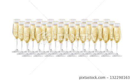 Champagne flutes filled with bubbly in a clear setting, AI, PNG 132298163