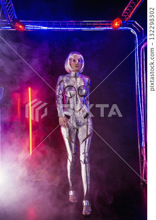 blonde girl as cyber robot. cyber girl in shining silver armor in neon 132298302