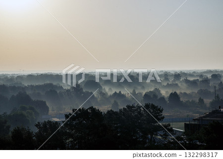 foggy landscape, above deciduous forest, early morning. 132298317
