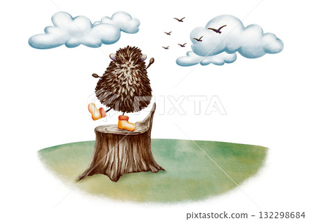 Hedgehog in yellow rain boots,says goodbye with a paw wave to the birds heading winterwards in the clouds,stands on a stump on the clearing.Watercolor and colored pencils illustration 132298684