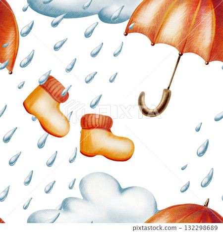 Autumn seamless pattern-yellow-orange umbrella and rubber boots with knitted cuffs,rainy clouds,and raindrops in watercolor and colored pencil mixed media In a childlike style 132298689