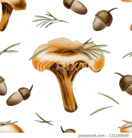 Whimsical chanterelle mushrooms with needles and a tiny twig in seamless pattern evoking autumns charm,in watercolor and colored pencil technique.For storytelling in childrens books and nature-themed Whimsical chanterelle mushrooms with needles and a tiny twig in seamless pattern evoking autumns charm,in watercolor and colored pencil technique.For storytelling in childrens books and nature-themed 132298690