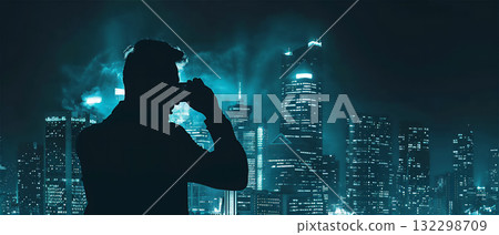Silhouette photo with a city at night in the background 132298709