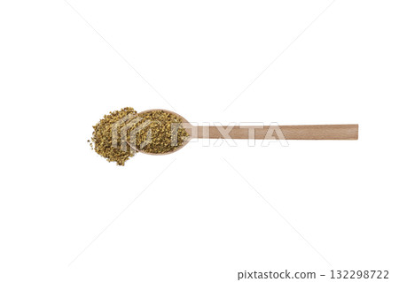 dried flowers of black lilac or black elder in latin sambuci flos on wooden spoon isolated on white background.  Herbs. Alternative medicine. 132298722