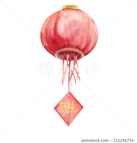 Festive outdoor red paper lantern with hanging sign with "Fu" character, translation is "Happiness and fortune" watercolor illustration. Spring festival and asian lunar New year poster, sticker design 132298754