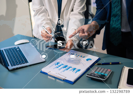 Project manager working and update tasks with milestones progress planning and professional investor working new start up project in the office. 132298789