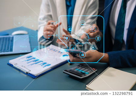 Project manager working and update tasks with milestones progress planning and professional investor working new start up project in the office. 132298791