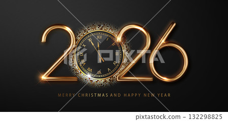 2026 Happy New Year countdown with golden clock and glitter. Shiny sparkles on dark background. Celebration banner or greeting card 2026 Happy New Year countdown with golden clock and glitter. Shiny sparkles on dark background. Celebration banner or greeting card 132298825