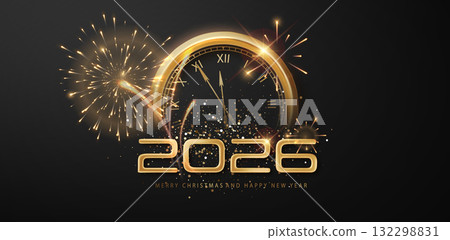 2026 New Year clock background. Fireworks and sparkles in festive night atmosphere. Celebration poster or wallpaper 132298831