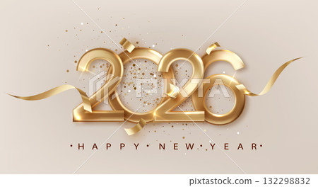 2026 gold metal number for New Year with golden ribbon. Festive Christmas banner with falling confetti on bright background. Realistic Golden 3d number. 2026 gold metal number for New Year with golden ribbon. Festive Christmas banner with falling confetti on bright background. Realistic Golden 3d number. 132298832