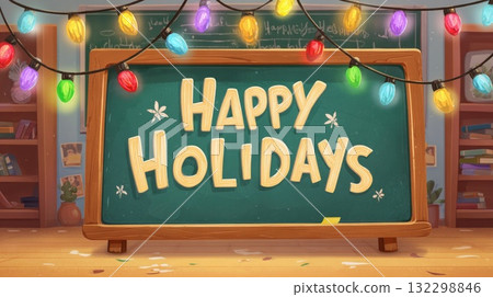 hanging happy holidays signboard with colorful flashing lights illustration 132298846