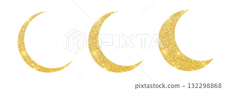 Gold glitter crescent moon isolated. Islamic Eid Mubarak decoration PNG. Vector illustration. Gold glitter crescent moon isolated. Islamic Eid Mubarak decoration PNG. Vector illustration. 132298868
