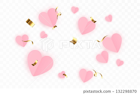 Pink Hearts and gold confetti isolated on transparent background. Valentine romantic decoration design template. 132298870