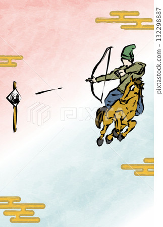 Japanese-style New Year's card for the Year of the Horse 2026, featuring calligraphy on horseback archery and Ekasumi 132298887