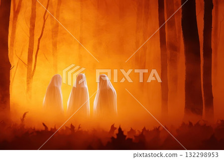 Three ghostly figures stand in a foggy forest bathed in an eerie orange glow. 132298953