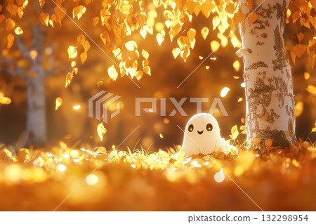 Cute ghost sitting under a tree with autumn leaves falling. 132298954