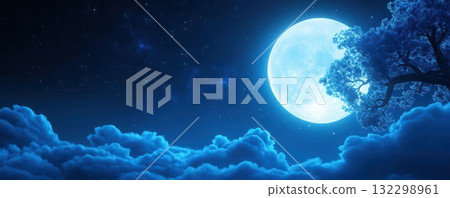 Full moon shining brightly in a night sky with clouds and stars 132298961