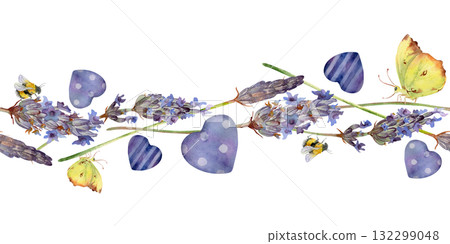 Single lavender lavandula flower stalks, striped and dotted hearts, flying butterfly. Isolated seamless banner illustration hand drawn in watercolor. Soft natural branding, garden decor, summer gifts. 132299048