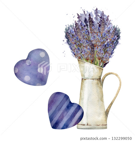 Wild lavender bouquet in vintage enamel jug, floral lavandula bunch, two heart shapes, striped spotted. Isolated illustration hand drawn in watercolor. Cottage art, eco tag, Provence Valentine gifts. 132299050